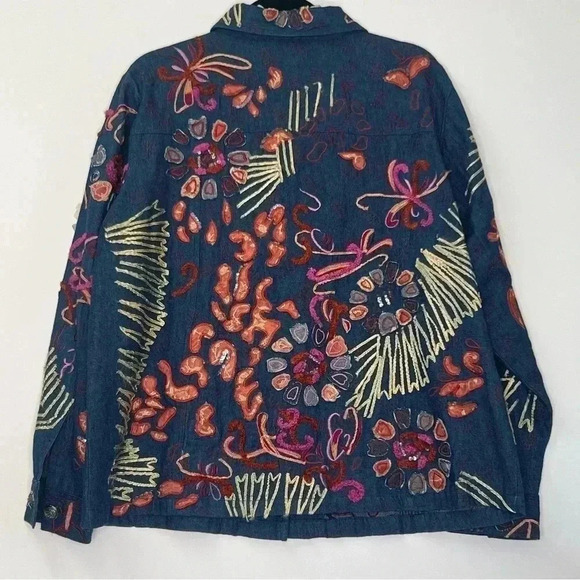 Julia Kim VTG Colorful Chambray Denim Embroidered Sequin Art Deco Jacket Sz XL - Picture 2 of 13
